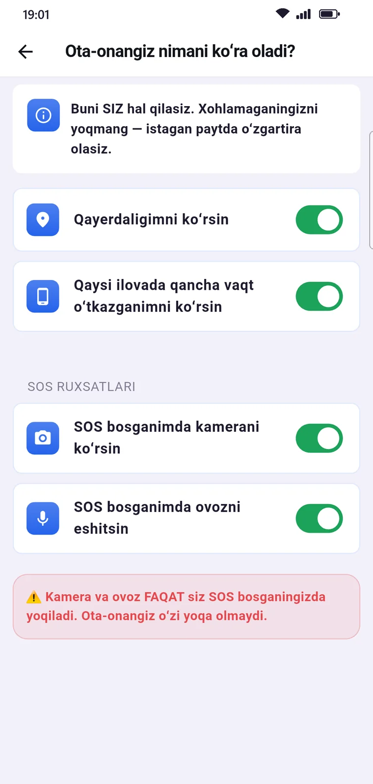 Oʻquvchi ilovasi: «Ota-onangiz nimani koʻra oladi?» — joylashuv, ekran vaqti, SOS kamera va ovoz uchun alohida tugmalar
