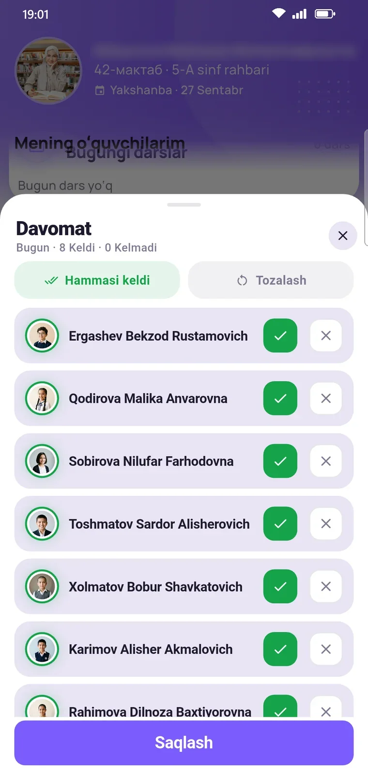 Oʻqituvchi ilovasi: davomat